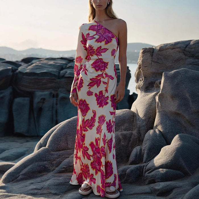 Fashion Distinctive Rose Printed Satin Dress Women